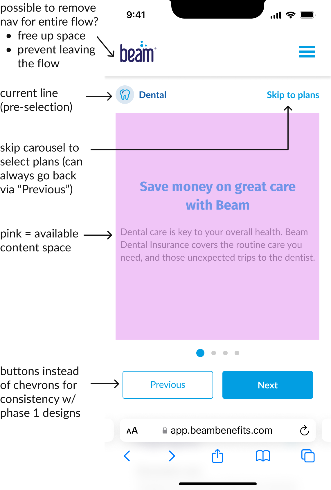 one carousel screen with notes for different elements to consider, such as: (1) whether removing the web navigation at the top is possible to save space and prevent members from accidentally navigating away from this flow; (2) an icon and label indicating the current insurance line the carousel relates to; (3) s 'skip' button at the top-right so people can skip carousels; (4) a designated 'pink' zone on the screen where all content should fit; and (5) using next/previous buttons instead of chevrons for design consistency with phase 1 designs